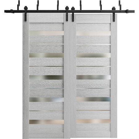 Sartodoors Sliding Closet Barn Bypass Doors 60 x 80in, Light Grey Oak W/ Frosted Glass, Sturdy 6.6ft Rails QUADRO4445BBB-OAK-60